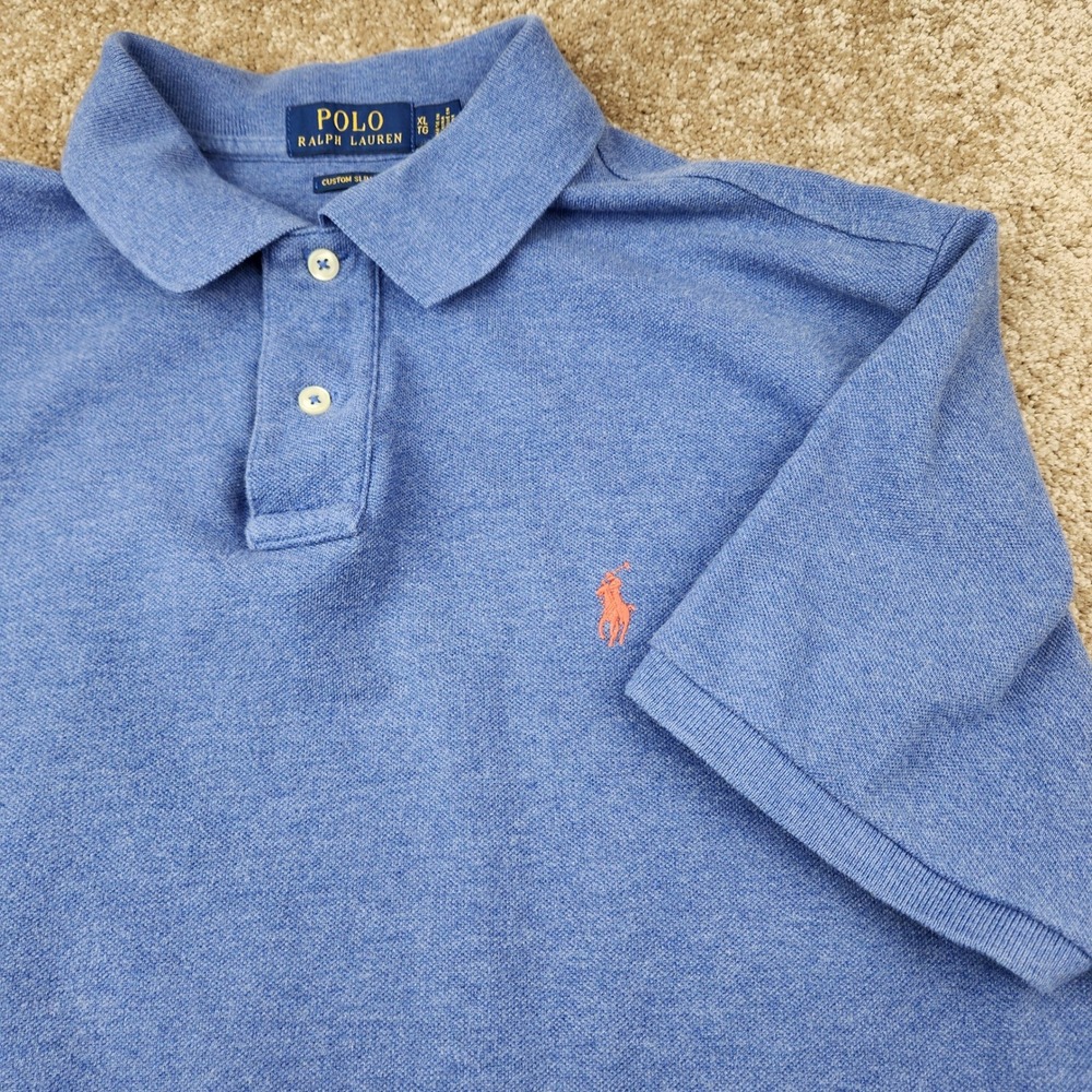 Polo Ralph Lauren Mens XL Custom Slim Fit Blue Pique Polo Shirt Orange Pony